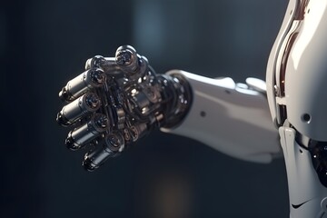 realistic metallic robot hand shaking human hand, partnership between AI and human, neutral office setting
