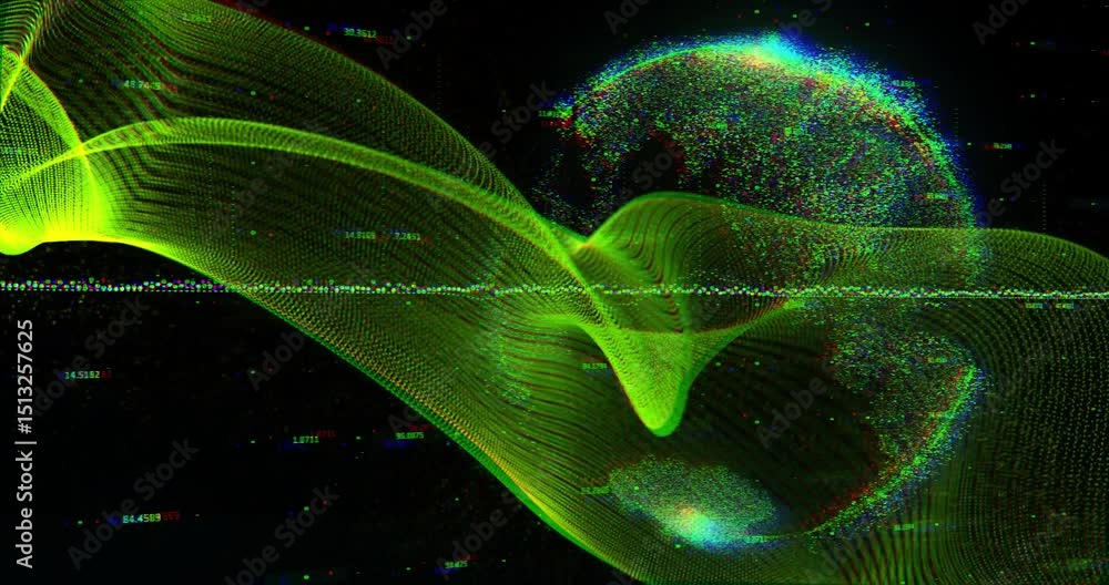 Poster mesh ribbon waving from left, sweeping emerging globe as scan line pulsing representing flow