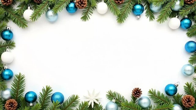 Festive Christmas Border Featuring Blue and White Ornaments Pine Branches Ideal for Holiday Greetings Cards Winter Backgrounds