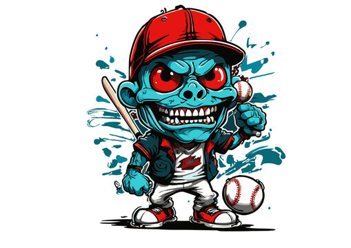 Zombie Monkey Baseball Player Spooky Cartoon Illustration