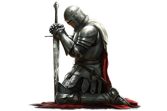 Medieval knight in prayer, isolated on a white background, ai generated png