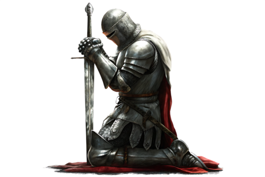 Medieval knight in prayer, isolated on a white background, ai generated png