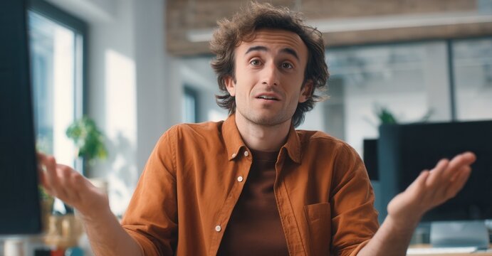 Person with a questioning expression, in an office setting, with raised hands, conveying confusion or uncertainty about the situation.