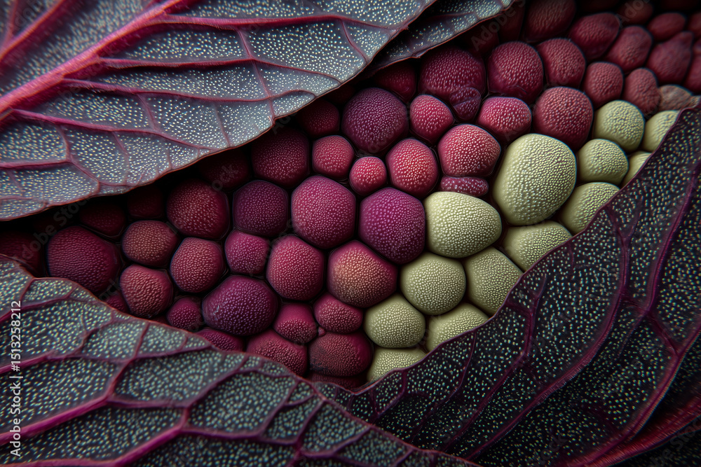 Poster a close up of a leaf with many small red and green balls on it. concept of complexity and intricacy,