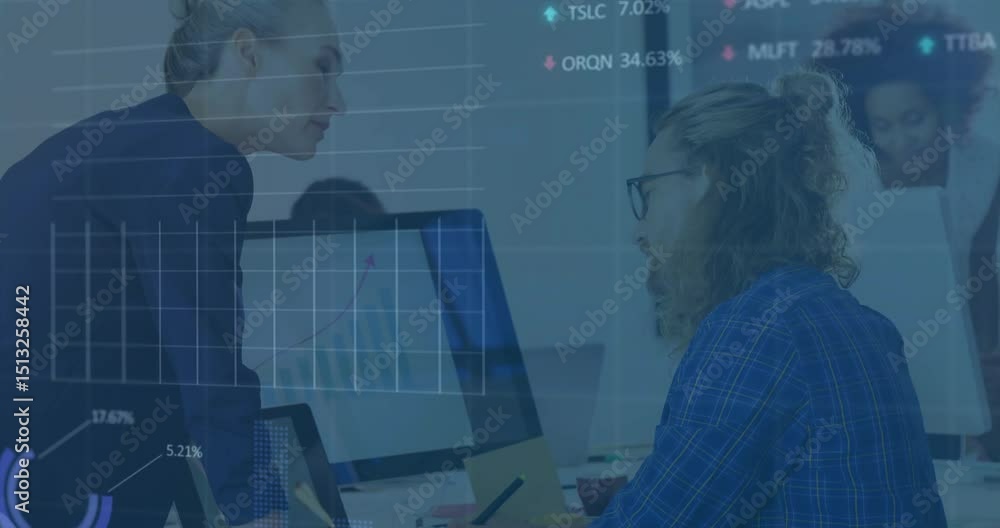 Poster woman pointing at chart initiating tech overlays while analyst typing updating analysis