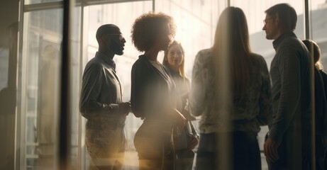 Fototapeta premium Diverse professionals collaborate in a modern office space, fostering teamwork and innovation amid natural light.