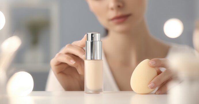 Woman prepares to apply foundation. The foundation in the bottle is light. She is holding an applicator, and is under warm light.