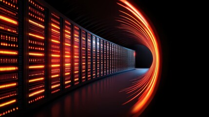 economy consumption efficiency concept. Futuristic data center with illuminated servers and motion effects.