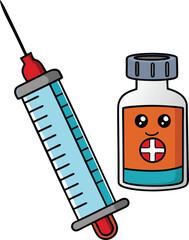 A vaccine bottle with a syringe represents immunization. The syringe is used to draw and administer the vaccine from the vial to protect against diseases.
