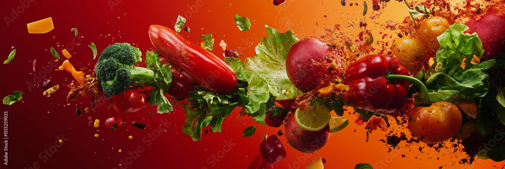 Poster a colorful image of vegetables and fruits in a blender. the idea behind the image is to show the vib