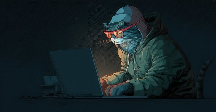 A feline figure in a hooded jacket sits at a laptop in a dimly lit room, wearing glasses, focused on the screen. Comic book style illustration.