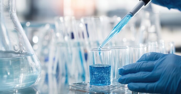Liquid being extracted from flask using a dropper for research in a laboratory. Science experiment being done in lab.
