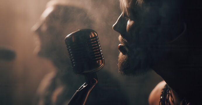 Intense close-up of a male singer with retro microphone. Smoke-filled room adds to the drama. Performance at a live concert.
