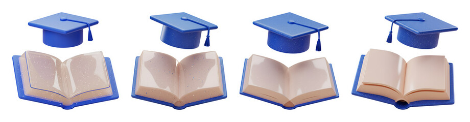 3D Open Book and Graduation Cap PNG with Transparent Background for Education