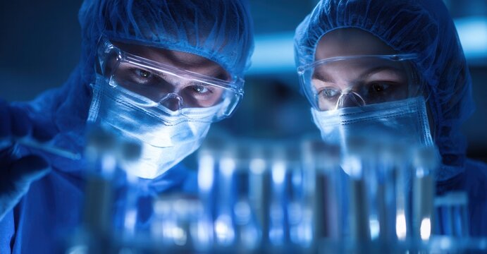 Scientists analyze lab results, safety gear on, bright blue lighting. Science discovery, research, healthcare, lab work, and medical breakthroughs.
