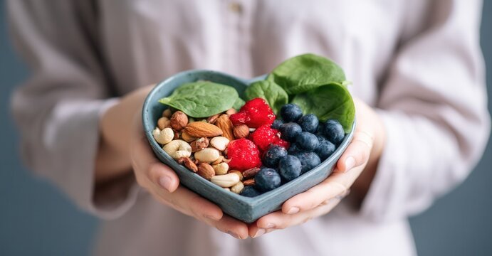 A woman holds a heart-shaped bowl filled with assorted nuts, juicy raspberries, blueberries, and fresh spinach leaves, promoting healthy eating.