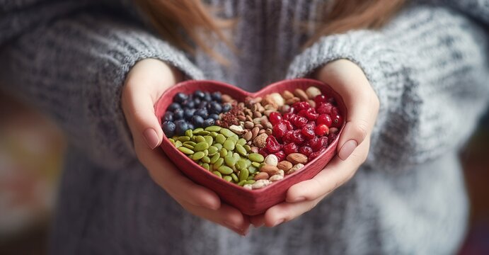 Heart-shaped bowl filled with healthy snacks, held in hands. Offering a selection of nutritious, colorful foods, a gesture of care and health.
