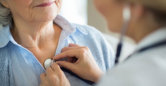 Doctor Listening to Heartbeat. A caring physician uses a stethoscope to listen to a patient's heartbeat during a routine checkup.