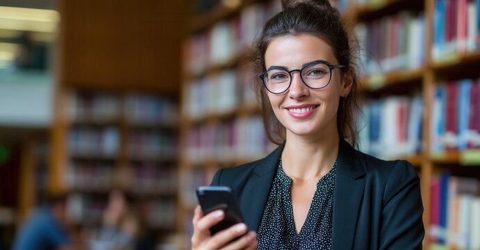 Smiling woman with glasses holding a phone in a library, showcasing knowledge and technology in a learning environment.