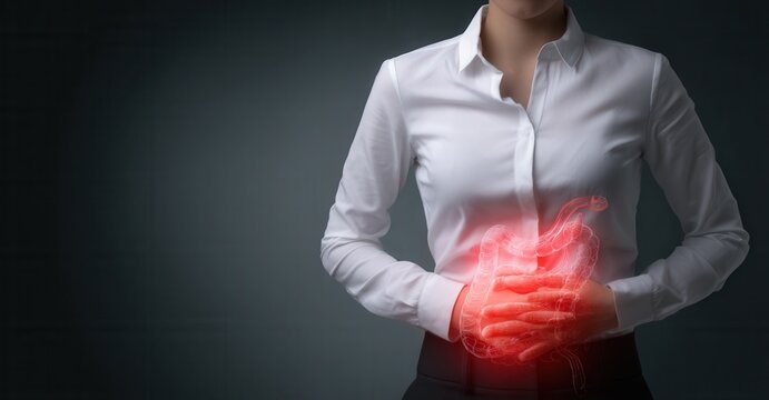 Woman holding abdomen with overlaid image of the digestive system, highlighting digestive health concerns and potential gut issues.