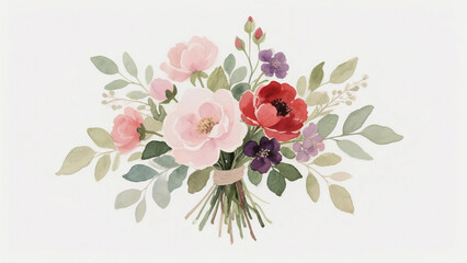 부드러운 수채화 스타일로 그려진 고해상도 플로럴 부케 일러스트. 연핑크, 붉은색, 보랏빛 꽃들과 연두, 올리브 톤의 잎들이 자연스럽게 어우러진 구성(A high resolution floral bouquet illustration drawn in a soft watercolor style. )