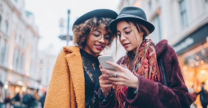 Two fashionable women check a smartphone on a bustling city street, showcasing urban style and connectivity.