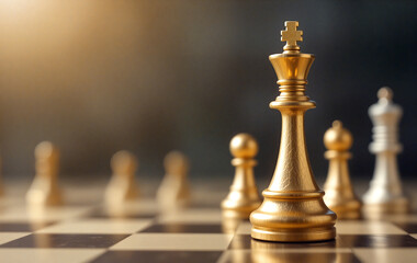 Golden king chess piece standing on chessboard symbolizing winning strategy