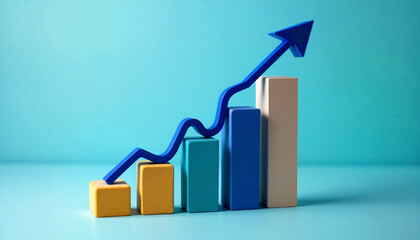 Growing bar graph with upward arrow representing business success