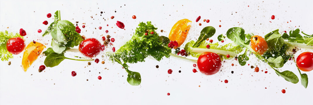 A colorful line of vegetables and fruits, including tomatoes, carrots, and lettuce. Concept of freshness and abundance, with the various colors and textures of the produce creating a vibrant