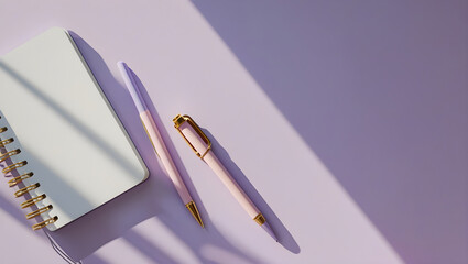 Lilac Purple Aesthetic Desk , Stylish Creative Flat Lay , pen and notebook on the purple desk