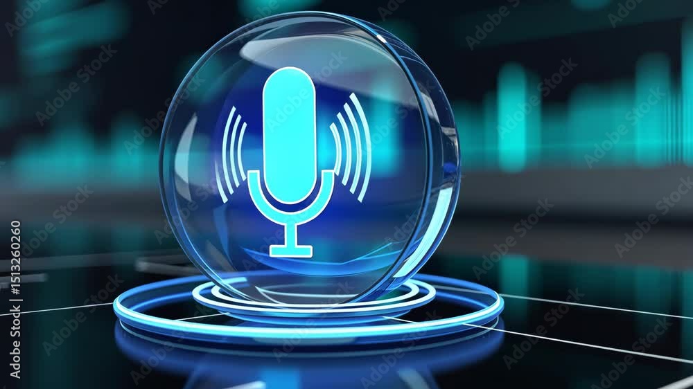 Poster a futuristic 3d voice assistant icon with wave lines, floating in a sci-fi hud environment, sleek an