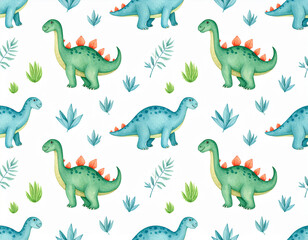 watercolor seamless pattern with dinosaurs