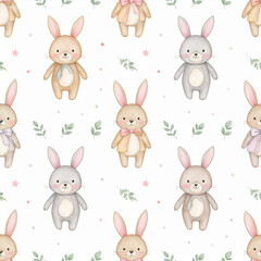 Fototapeta premium seamless pattern with watercolor cute bunny on a white background