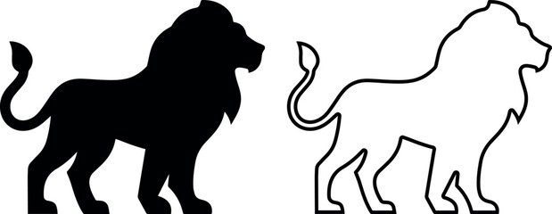 Set of two lion showing silhouette and outline side by side, isolated wild animal vector icons