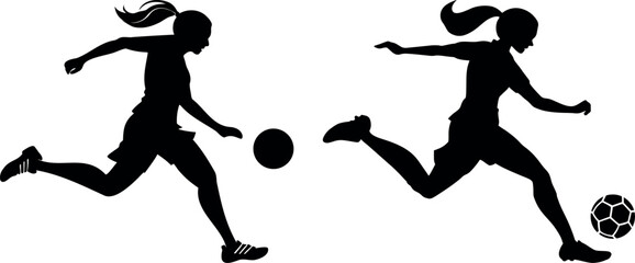 Set of two female football players in silhouette , one running with ball and one walking