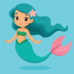 Little cute mermaid with fishes and seashells