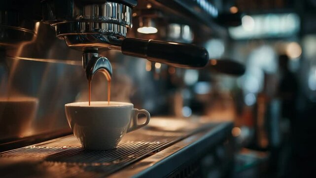 Close-Up of Espresso Machine Brewing Fresh Coffee in a Caf&eacute; Setting