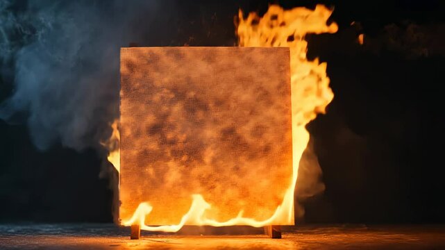 Fiery orange rectangle ablaze, smoke billows
