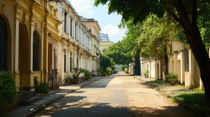 Fototapeta premium Serene Street in Hue, Vietnam: A Glimpse of Tranquil Colonial Architecture