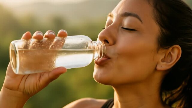 Wellness in nature, women rehydrating after activity