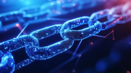 Abstract futuristic digital circuit board with glowing data nodes and interconnected blockchain network lines in blue tones, symbolizing advanced technology, cybersecurity, and decentralized systems

