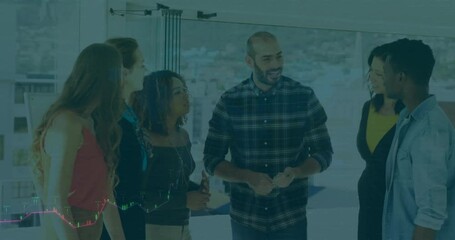 Man explaining office glass board, team pointing at animated finance charts enabling data analysis - Powered by Adobe