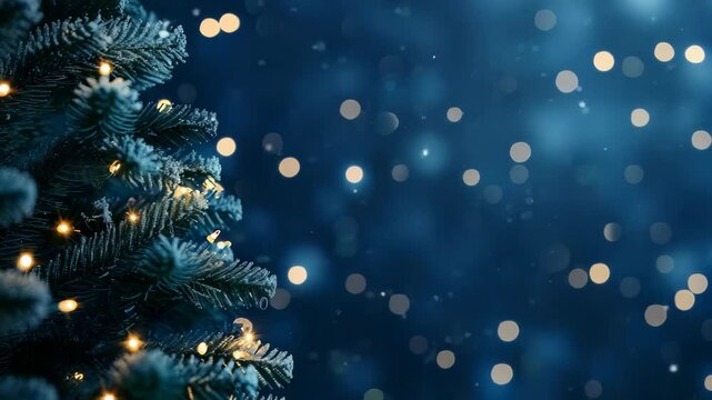 A close-up of a decorated pine tree, set against a blurred background of twinkling lights and falling snow, evokes a feeling of warmth and holiday cheer in the deep blue winter night.
