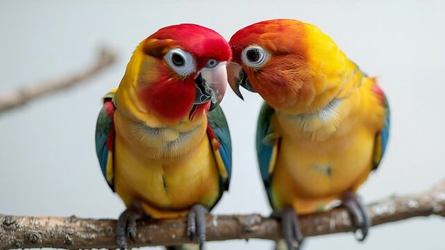 Adorable Sun Conure Parrots Interact on a Branch: Close-Up View of Affectionate Pair