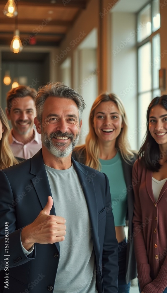 Aufkleber positive business team portrait with thumbs up and diverse smiling colleagues in a modern office set