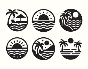 set of sea wave sunset logo icon silhouette symbols clipart, sunset logo concept