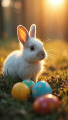 Easter Bunny and Colorful Eggs in the Spring Sunlight