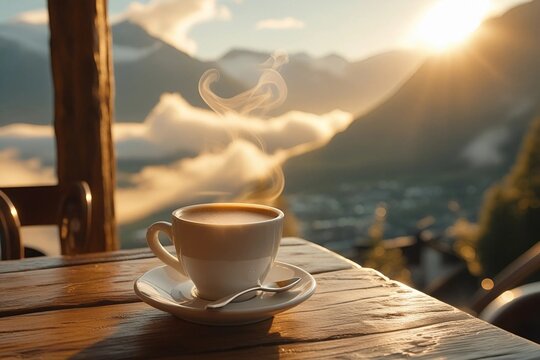a coffee on a café table, dreamy golden sunrise in the Swiss Alps, with low clouds rolling through the valley