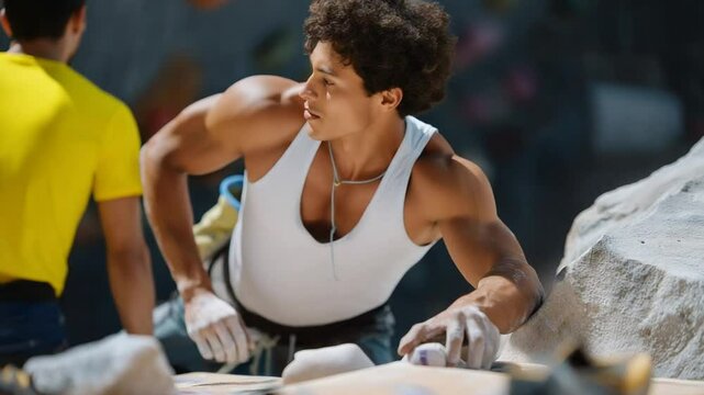 Dynamic shot of a climber skillfully navigating a bouldering wall, surrounded by essential climbing gear.