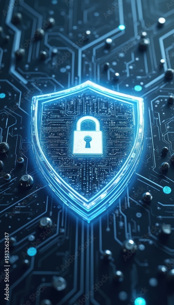 Poster glowing shield with digital padlock on circuit board for cyber security concept